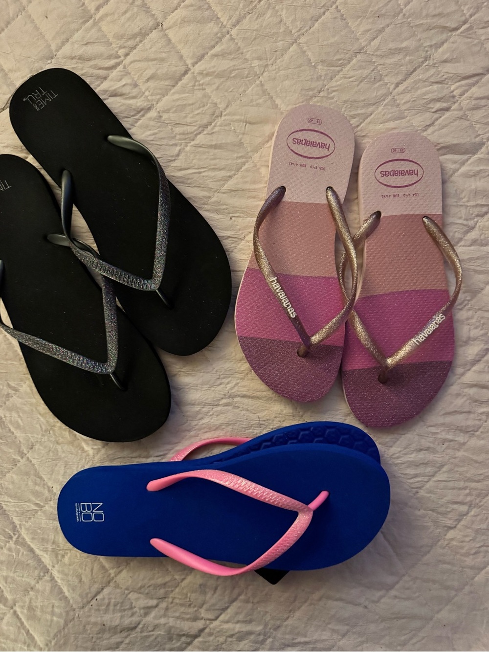 Havaianas Pink Ombre Flip Flops with Metallic Straps, and one black and blue set